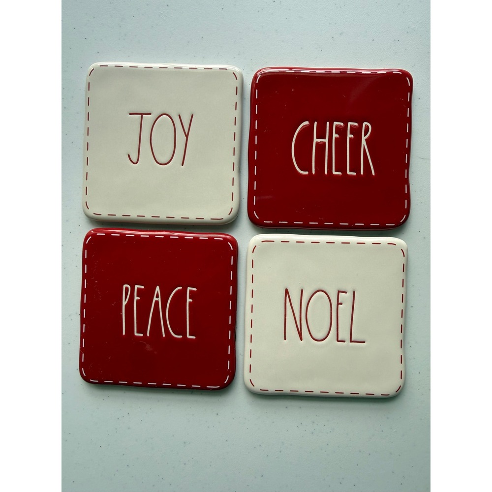 Rae Dunn‎ Coaster Set of 4 Christmas Red White Ceramic Peace Joy Noel Cheer